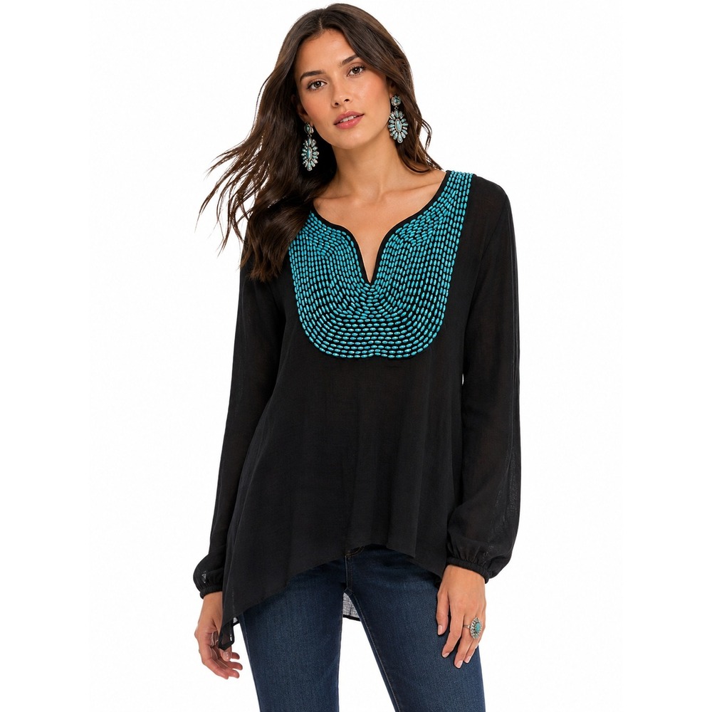 DOUBLE D RANCH Tunic Women L Black Turquoise Beaded Bib Hem Western Boho Chic